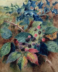Blackberries and Holly with a Butterfly