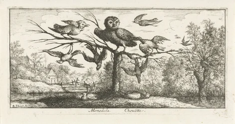Landscape with Barn Owl among Other Birds (series: Bird Book)