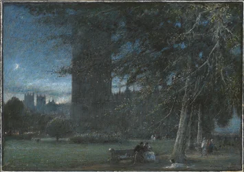 Figures Beneath the Palace of Westminster at Dusk
