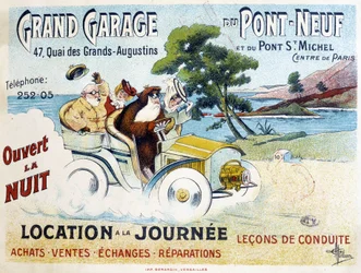 Grand Garage du Pont-Neuf: Rental, Driving Lessons, Purchase, Sales, Reparations - Advertising Poster by Albert Guillaume, circa 1900