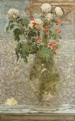 White Chrysanthemums and Red Berries