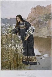 A woman blows iris - by Lynch, early 20th century