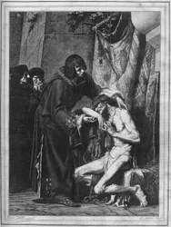 Louis IX consoles a leper: the King of France Saint Louis (1214-1270) and a sick person during an outbreak of leprosy. Engraving from 1878 from the painting by Albert Maignan (1845-1908)