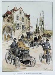 After breakfast, drivers return to the road: the beginning of motor transport by Robida