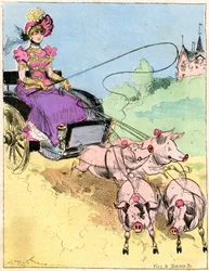 Drawing by Albert Robida on cover of the Comique World n°296 - New very elegant hitch for small outings in the countryside - Young woman driving a pigs