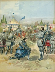 Fifth Italian War: Pierre Terrail de Bayard armor Francois 1st knight after the battle of Marignan, on the evening of 14 September 1515. Illustration