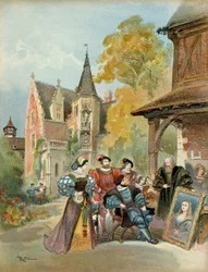 King Francis I (1494-1547) Buying the Mona Lisa from Leonardo da Vinci (1452-1519), near the royal castle of Amboise, between 1516 and 1519. Illustration