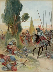 Sixth Italian War: Death of Pierre Terrail de Bayard, wounded by an arquebus strike at Rebec, in 1524, Charles de Montpensier, connetable from Bourbon, faced him. Illustration