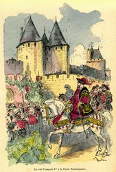 The king of France Francois 1st arriving on horseback in front of the Cite de Carcassonne, Porte Narbonnaise. Illustration by Albert Robida: frontispiece of the book “Le tresor de Carcassonne” first edition H. Laurens 1921