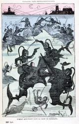 Underwater combat in the bay of Papagayo (scaphandlers riding fish), parody of Jules Verne, 
