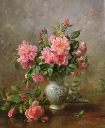 Roses in a Blue and White Vase