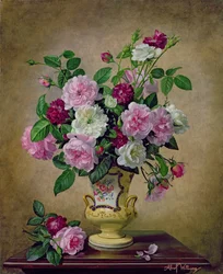 Roses and Dahlias in a Ceramic Vase