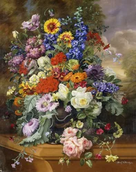 Still Life with Roses, Delphiniums, Poppies, and Marigolds on a Ledge
