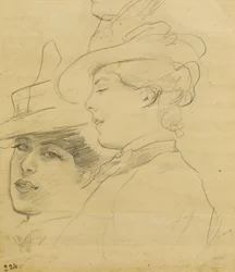 Head of a woman wearing a decorated hat, profile and three quarter view, c.1900