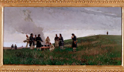Around the fire. Bivouac of soldiers of the Italian army