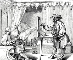 An Artist Using a Drawing Aid to Get the Proportions of a Portrait Correct, Engraving by Albrecht Dürer