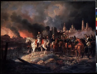 “The Fire of Moscow on 15/09/1812”. The governor of the city, Count Rostopchin, has the city set on fire as the troops of Napoleon I arrive. Emperor Napoleon I (1769-1821) before Moscow in flames, with the Kremlin extending to the right.