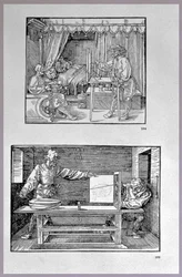 Apparatus for translating three-dimensional objects into two-dimensional drawings, two scenes from the artist