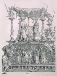 The Burgundian Marriage or the Triumphal Procession of Emperor Maximilian I of Germany showing the wedding chariot of Maximilian and Mary of Burgundy, pub. 1526 (detail)