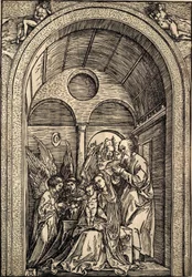 The Holy Family with Two Angels in a Vaulted Hall