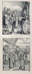The Triumphal Arch of Emperor Maximilian I: detail showing two panels placed above the left-hand portal depicting events in the life of Emperor Maximilian, pub. 1517-28