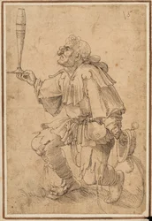 A grotesque man kneeling, holding a tall beer glass at its base