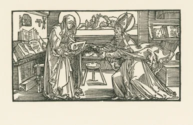 Saint Birgitta in Her Chamber Handing Her Work to a Bishop