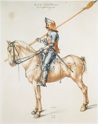 The armoured knight. Watercolour drawing from an original by Albrecht Dürer
