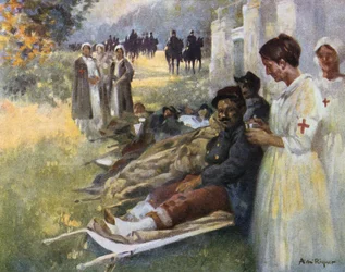 First Aid: Wounded Soldier and His Nurse at a Dressing Station During World War I in France