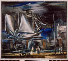Seaport at Night (A large sailing ship anchored on the Black Sea) - Painting by Alexander Vasilyevich Shevchenko (Alexandre Chevtchenko) (1883-1948)