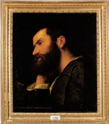 Portrait of the poet Pietro Aretino, bust-length, resting his head on his right hand by a ledge with a plant