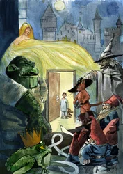 A child staring at the characters of fairy tales like Puss in Boots, a princess, and a toad, Seven Dwarfs