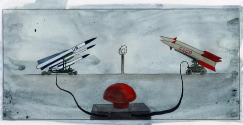 Allegorical Representation of the Cold War with the Big Red Button Connected to Missiles of America and Soviet Union