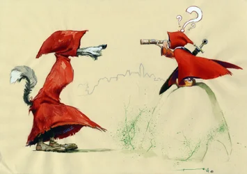 Fable of the Little Red Riding Hood by Charles Perrault: the Red Riding Hood with a sword observes the disguised wolf with a red coat
