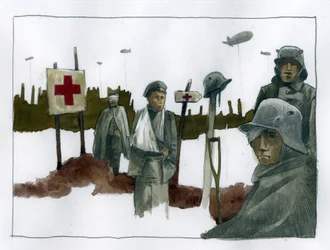 First World War: Wounded soldiers at the Red Cross rescue post - 1914-1918