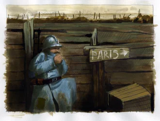 First World War: a French soldier near a sign indicating Paris