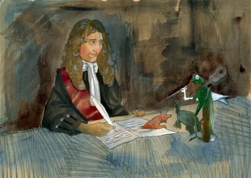 French writer Jean de la Fontaine looking at his characters of his fables