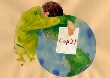 Future of the Earth, a crying man holding in his hands the COP21 sign (2015 United Nations Climate Change Conference) held in Paris, which was supposed to find solutions to global warming and pollution