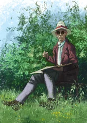 Hermann Hesse painting in the garden