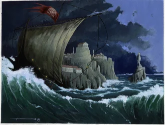 Illustration of the myth of the island disappeared under the Atlantis Sea: view of the Greek city of the legendary island before its disappearance