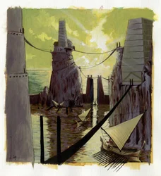 Illustration of the myth of Atlantis: view of the Greek city of the legendary island before its disappearance