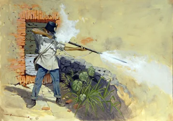 Italian campaign: an Austrian infantryman opening fire at the battle of Solferino