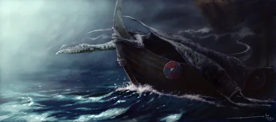 Legendary Creature: Dragon Attacking a Drakkar (Viking Boat)