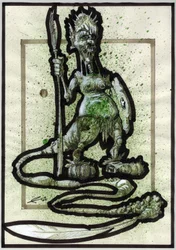 Legendary monster for a fantasy illustration: face of a tribal creature or warrior with spear, shield and feathered tail.