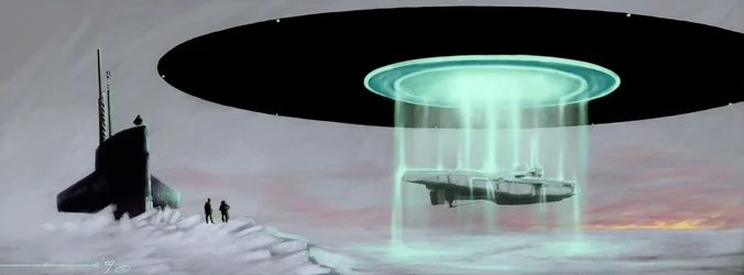 Meeting at the North Pole between a U-boat submarine and a flying saucer (UFO or alien) for the restitution of a submarine taken by aliens during the war. Drawing by Alessandro Lonati