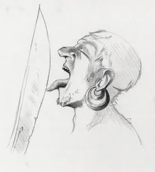 Portrait of a pirate (privateer) defying the sword by touching it with the tongue