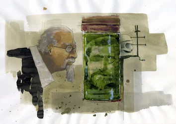 Portrait of an Italian criminologist looking at his own head preserved in formalin