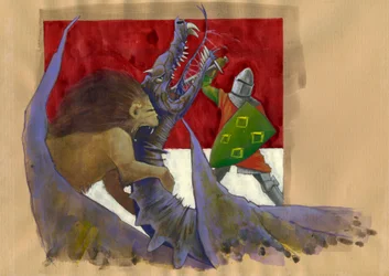 Yvain, the Knight of the Lion Fighting the Dragon