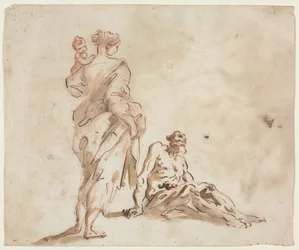 A Standing Woman Holding a Child, a Seated Male at Her Feet, First Half 18th Century