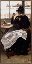 A woman in black, reading the newspaper and sipping a cup of coffee in a bistro. Genoa, Galleria d